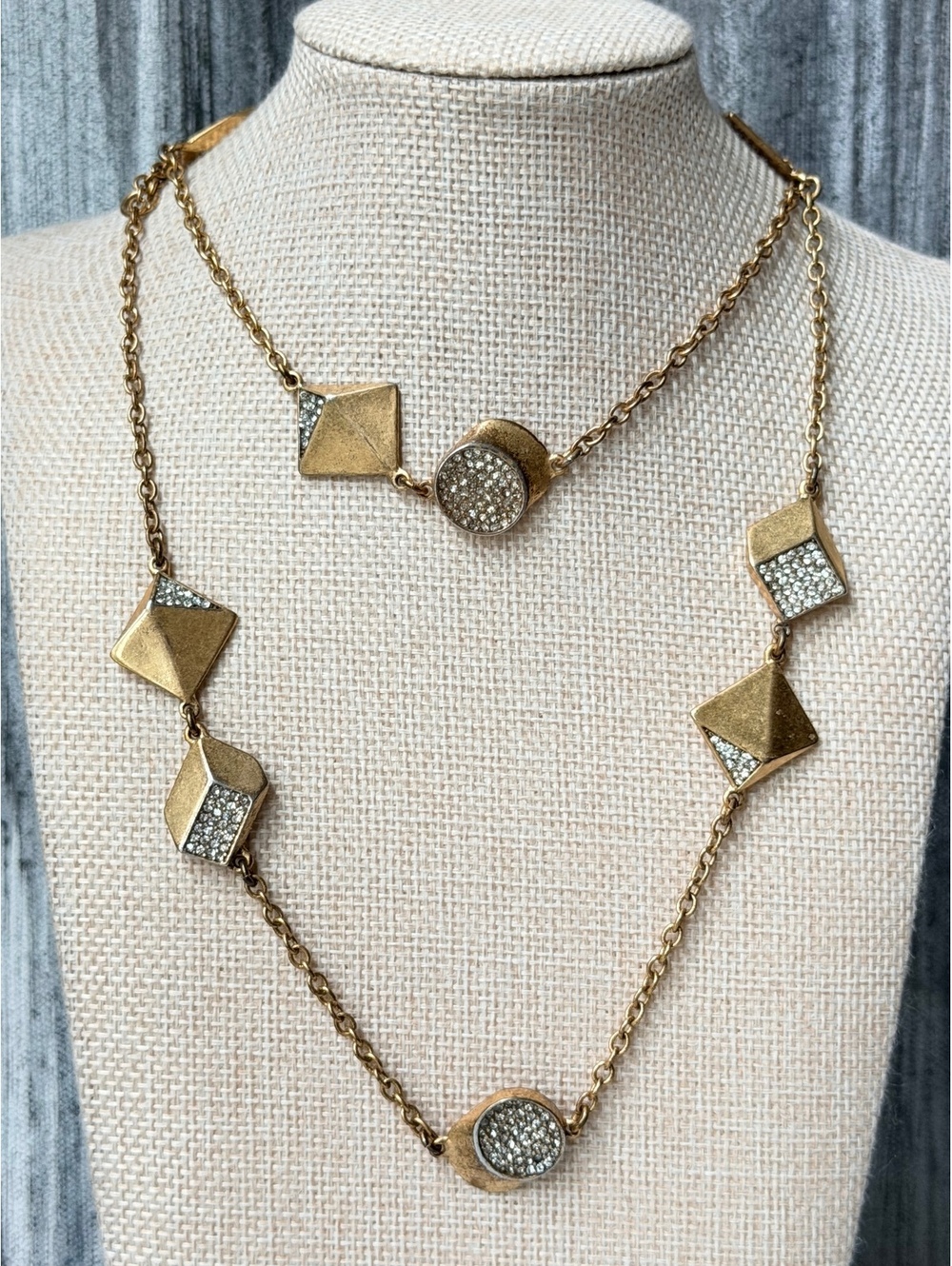 J.Crew Gold Pave Crystal Geometric Long Necklace